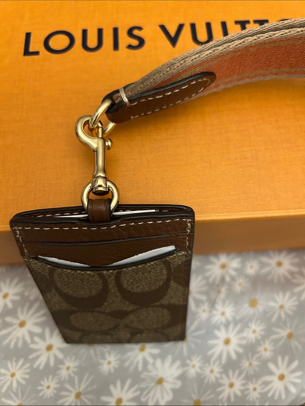 Coach Brown Signature Canvas Card Holder with Orange Branded Lanyard - Picture 5 of 6